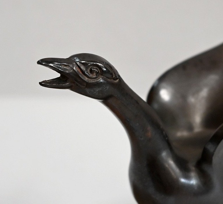 Pair Of Bookends, Swans In Patinated Metal On Marble - 1930/1940-photo-1