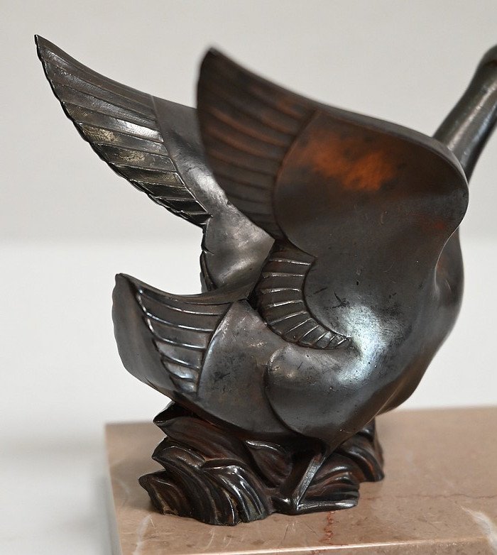 Pair Of Bookends, Swans In Patinated Metal On Marble - 1930/1940-photo-2