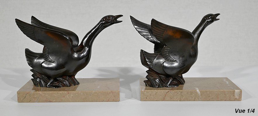 Pair Of Bookends, Swans In Patinated Metal On Marble - 1930/1940-photo-4