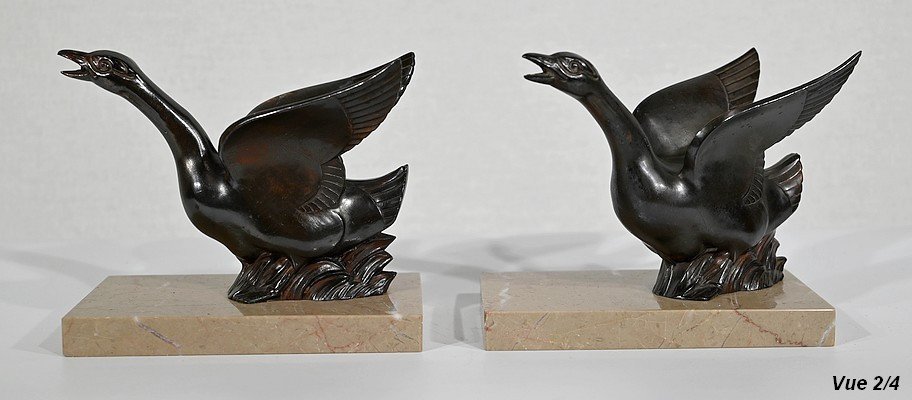 Pair Of Bookends, Swans In Patinated Metal On Marble - 1930/1940-photo-5