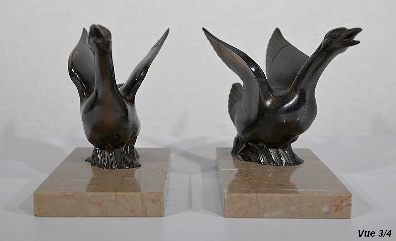 Pair Of Bookends, Swans In Patinated Metal On Marble - 1930/1940-photo-6