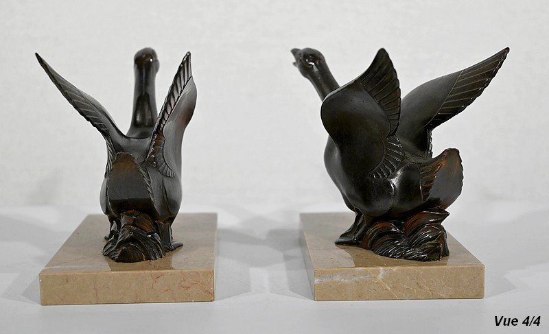 Pair Of Bookends, Swans In Patinated Metal On Marble - 1930/1940-photo-7