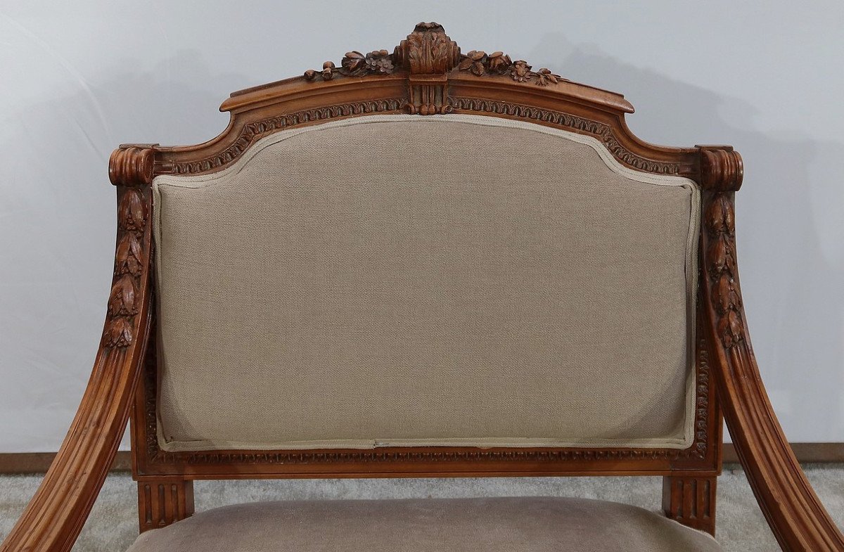 Low Armchair In Solid Walnut, Louis XVI Style - Late Nineteenth-photo-3