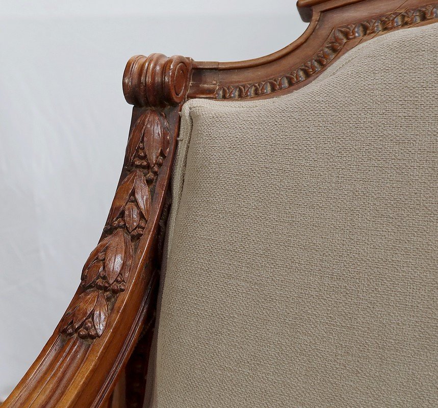 Low Armchair In Solid Walnut, Louis XVI Style - Late Nineteenth-photo-1