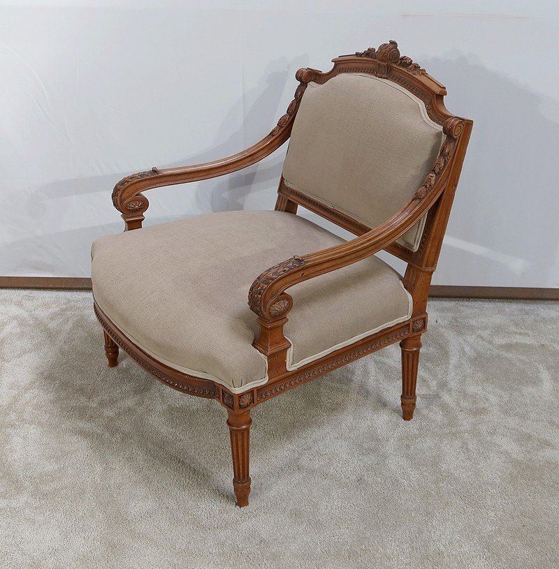 Low Armchair In Solid Walnut, Louis XVI Style - Late Nineteenth