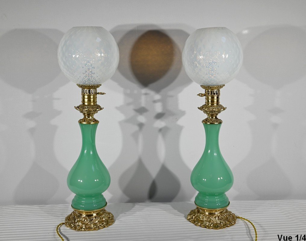 Pair Of Opaline And Bronze Lamps - Late Nineteenth-photo-2