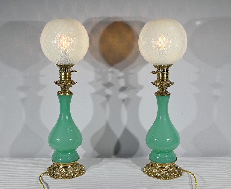 Pair Of Opaline And Bronze Lamps - Late Nineteenth