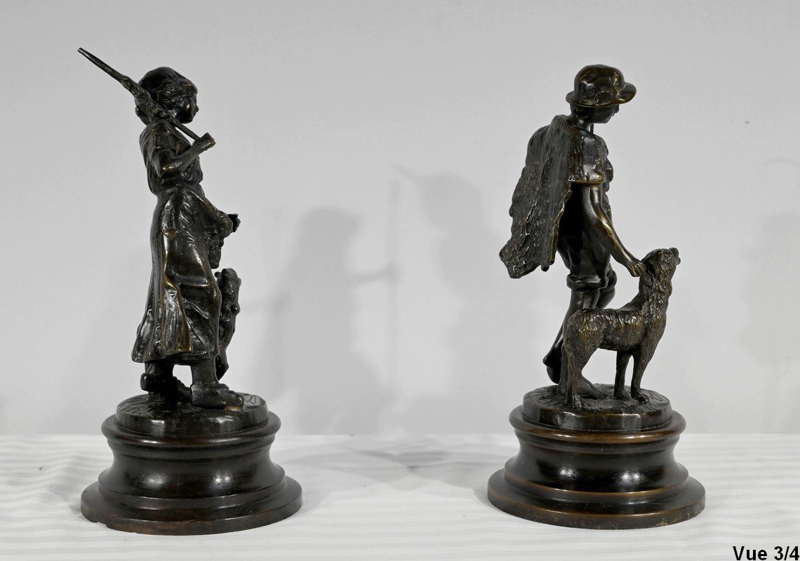 Bronzes "the Shepherd And The Shepherdess", Signed Laurini, After L & F. Moreau - Early 20th Century-photo-5