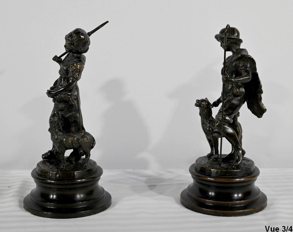 Bronzes "the Shepherd And The Shepherdess", Signed Laurini, After L & F. Moreau - Early 20th Century-photo-6