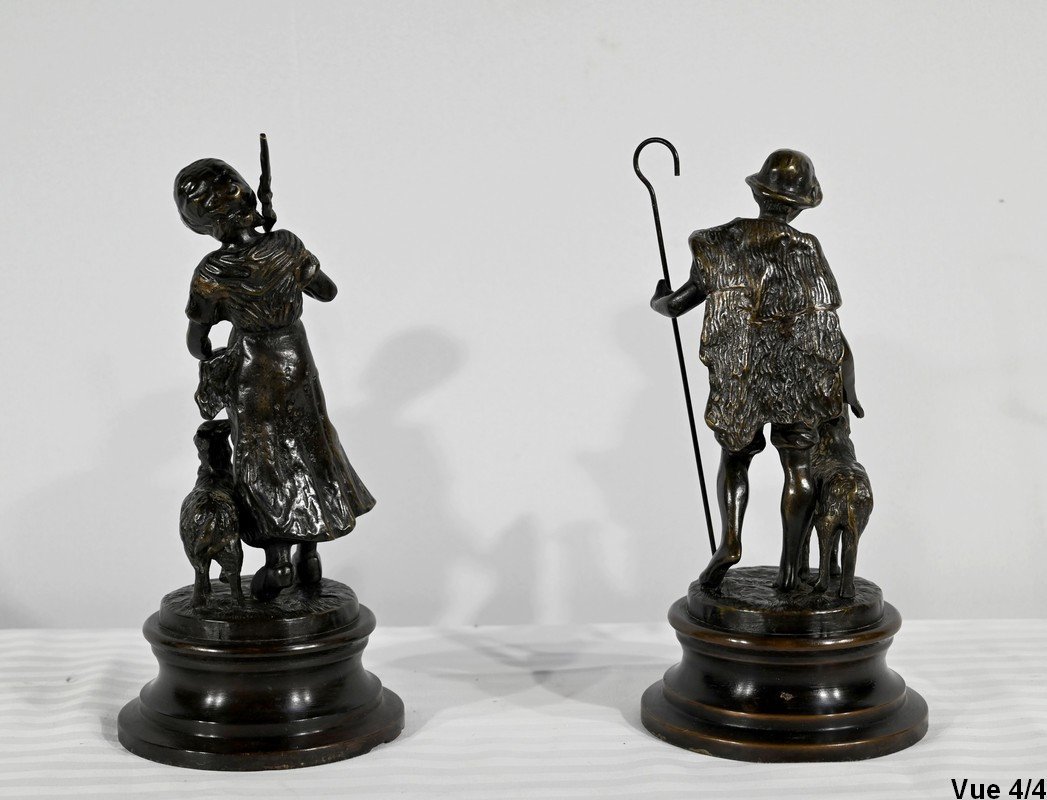 Bronzes "the Shepherd And The Shepherdess", Signed Laurini, After L & F. Moreau - Early 20th Century-photo-7