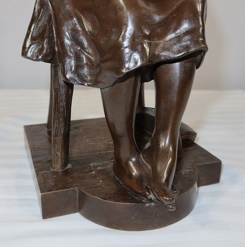 Bronze "seated Girl", By A. Massoulle - Late 19th Century-photo-4