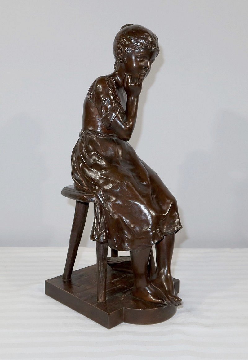 Bronze "seated Girl", By A. Massoulle - Late 19th Century