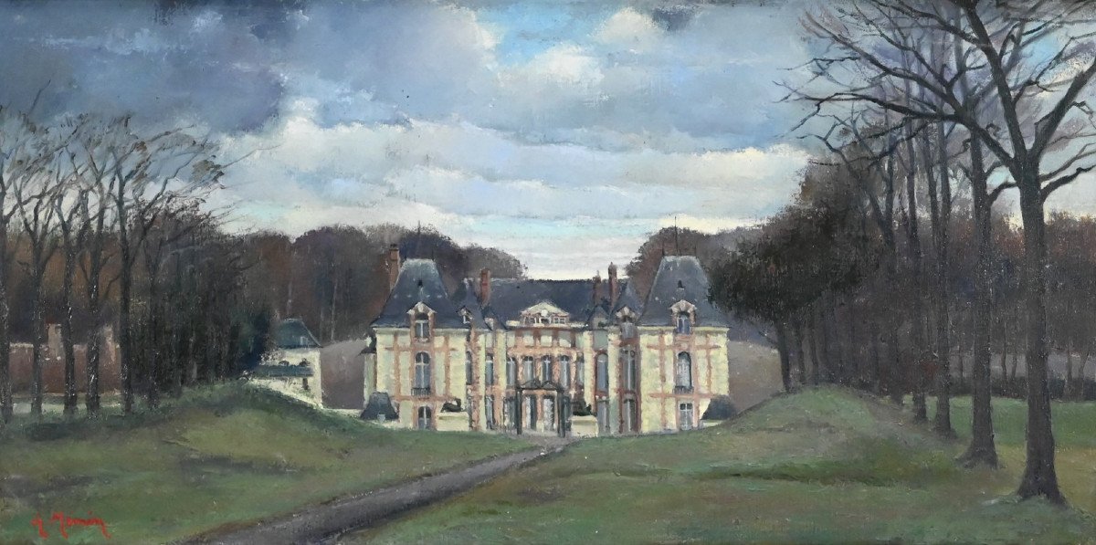 Grand Tableau « Château De Gros Bois », Signé A.mémin – 1954-photo-3