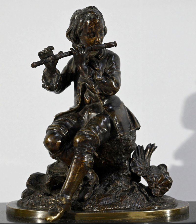 Marble And Bronze Clock “the Flute Player” - Mid-19th Century-photo-2