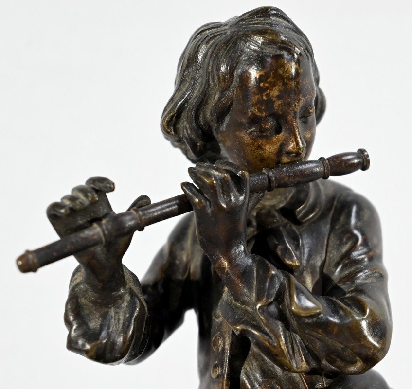 Marble And Bronze Clock “the Flute Player” - Mid-19th Century-photo-3