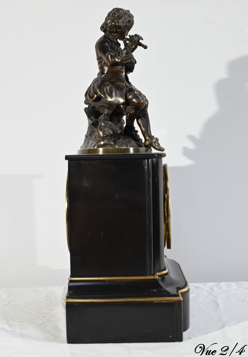 Marble And Bronze Clock “the Flute Player” - Mid-19th Century-photo-3