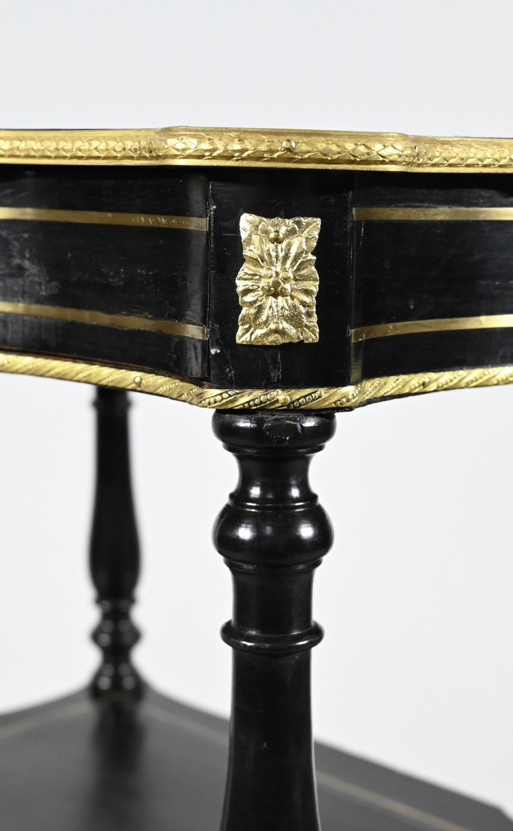 Rare Petite Table Desserte En Poirier Noirci Et Laiton, époque Napoléon III – Milieu XIXe-photo-3