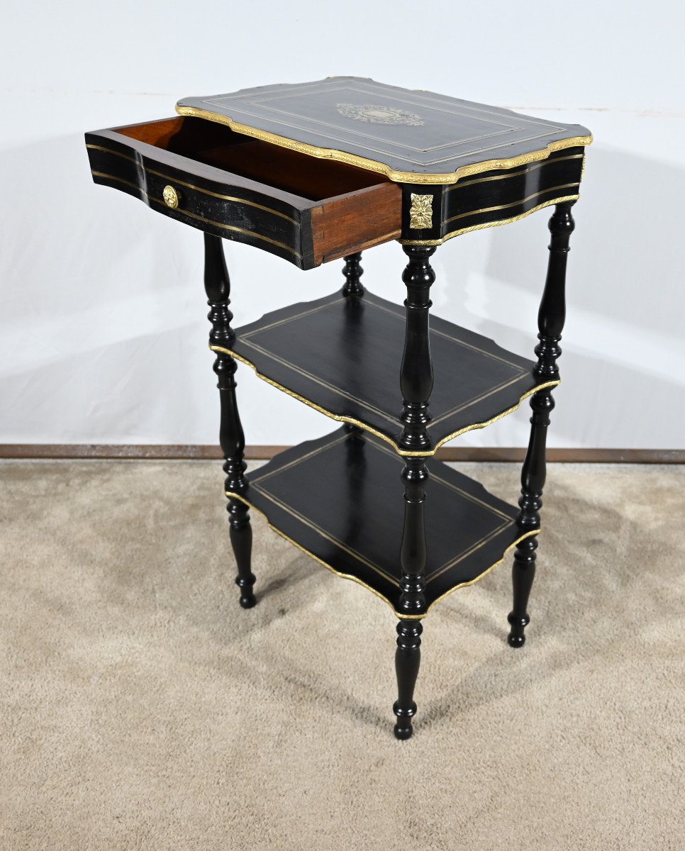 Rare Petite Table Desserte En Poirier Noirci Et Laiton, époque Napoléon III – Milieu XIXe-photo-7