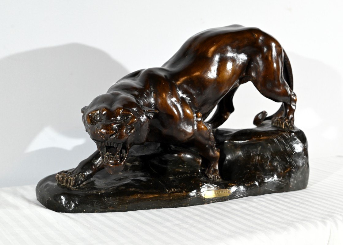 Patinated Terracotta Sculpture “tiger On The Lookout”, Signed T.cartier – Early 20th Century-photo-2