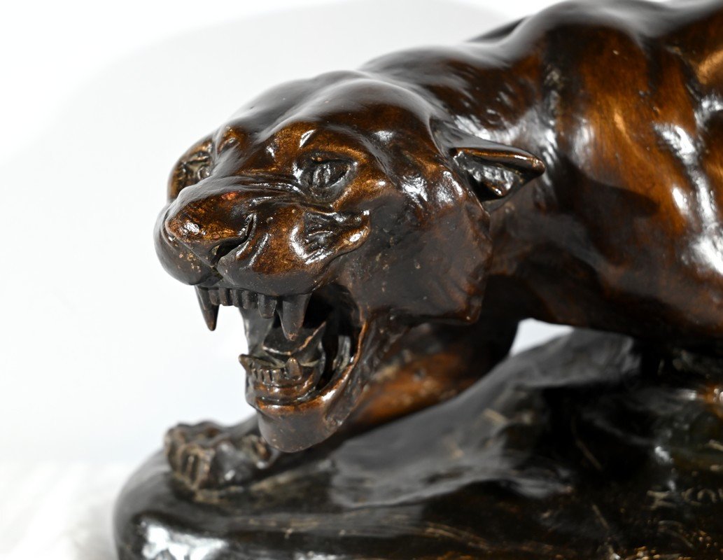 Patinated Terracotta Sculpture “tiger On The Lookout”, Signed T.cartier – Early 20th Century-photo-3