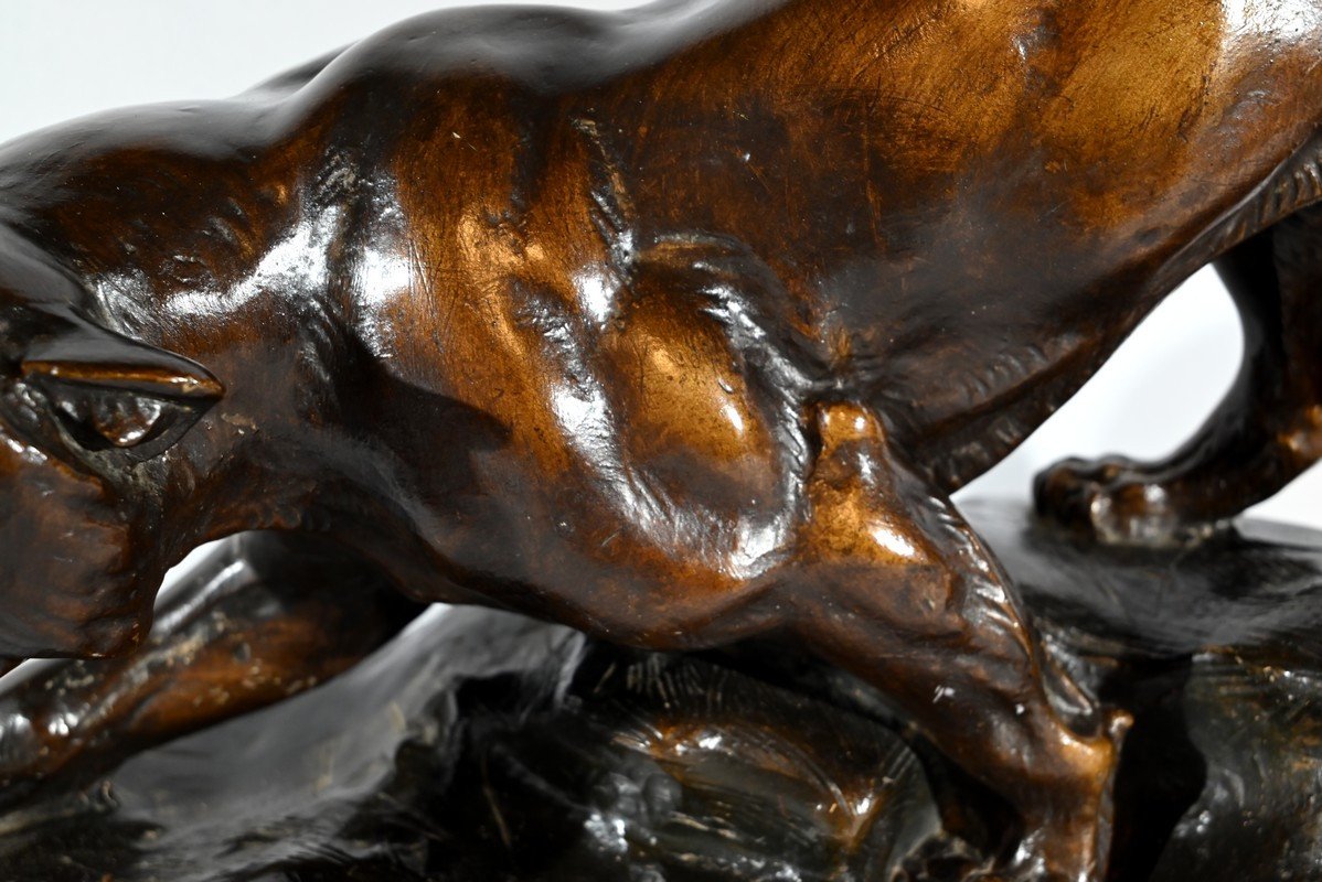 Patinated Terracotta Sculpture “tiger On The Lookout”, Signed T.cartier – Early 20th Century-photo-1