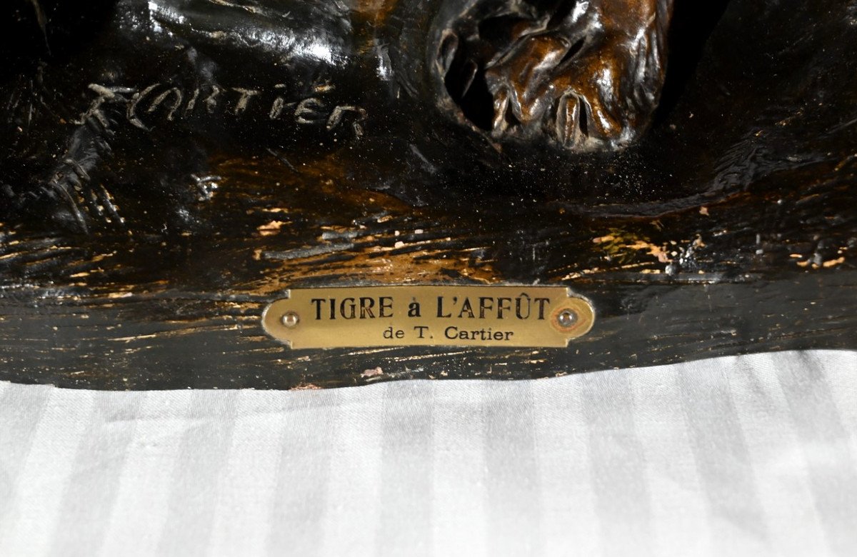 Patinated Terracotta Sculpture “tiger On The Lookout”, Signed T.cartier – Early 20th Century-photo-4