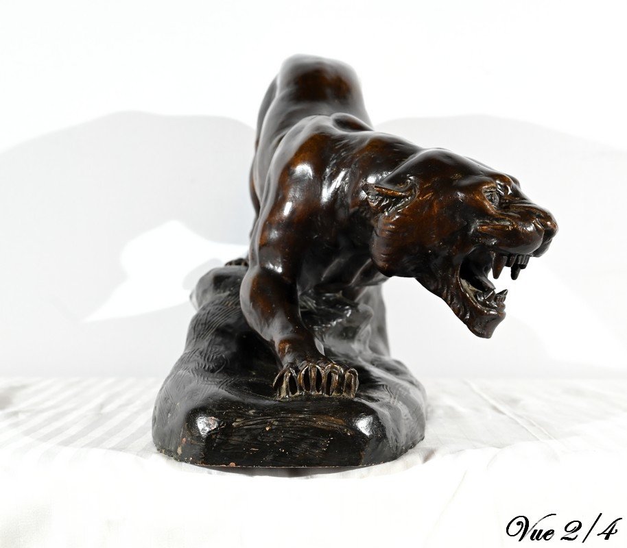 Patinated Terracotta Sculpture “tiger On The Lookout”, Signed T.cartier – Early 20th Century-photo-5