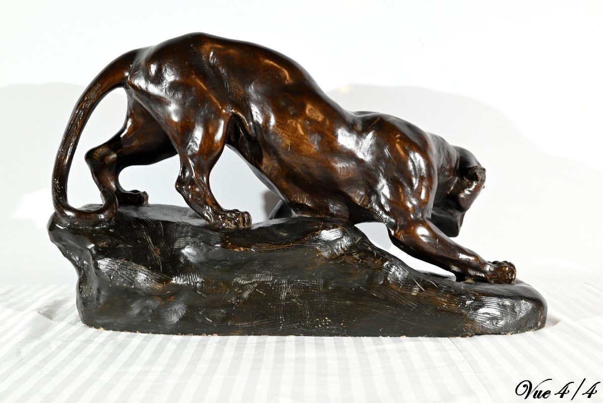 Patinated Terracotta Sculpture “tiger On The Lookout”, Signed T.cartier – Early 20th Century-photo-7