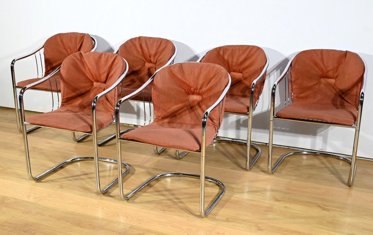 Suite Of 6 Arm Chairs, In Chromed Metal, By Gastone Rinaldi – 1970-photo-2