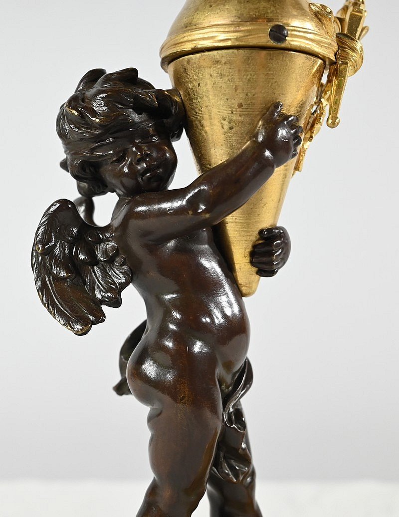 Bronze Candlestick “blindfolded Love”, Signed Ferville Suan – Late 19th Century-photo-3