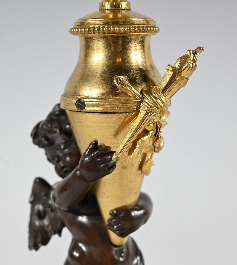 Bronze Candlestick “blindfolded Love”, Signed Ferville Suan – Late 19th Century-photo-4