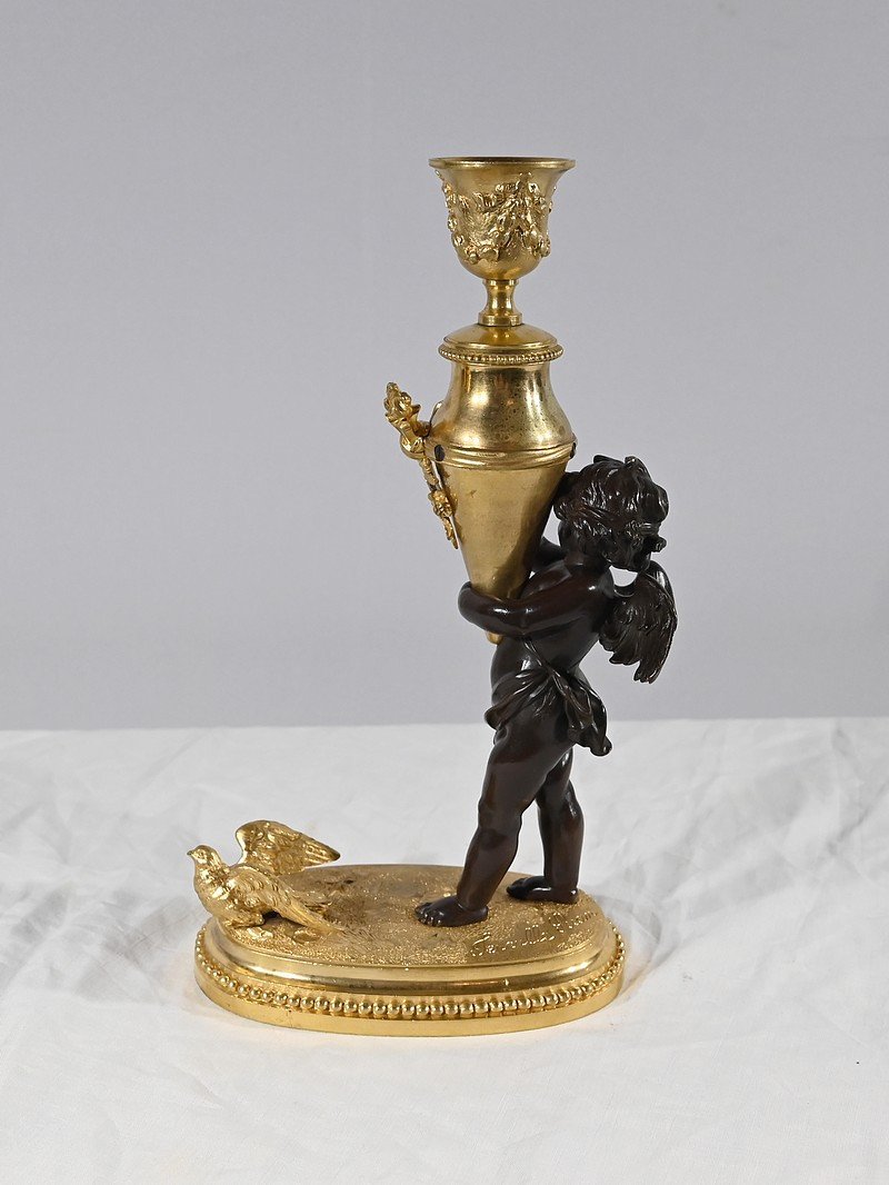 Bronze Candlestick “blindfolded Love”, Signed Ferville Suan – Late 19th Century-photo-5