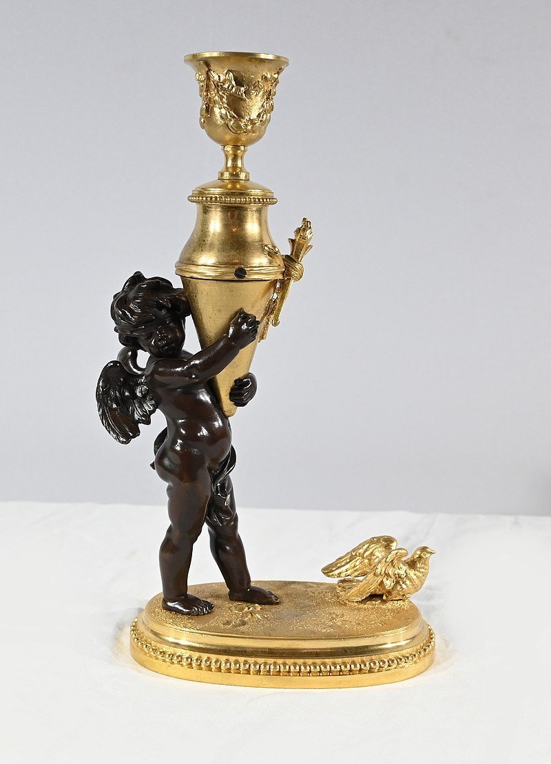 Bronze Candlestick “blindfolded Love”, Signed Ferville Suan – Late 19th Century