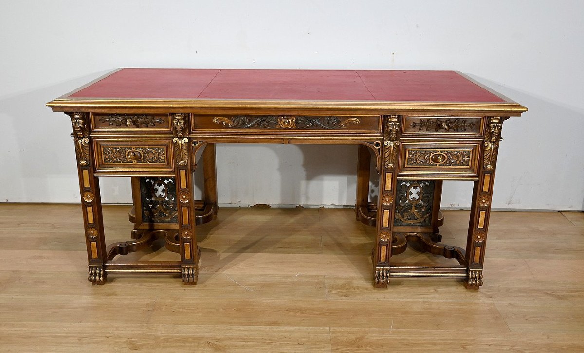 Rares Cabinet De Travail Et Bureau En Noyer, Renaissance Italienne - 1900-photo-3