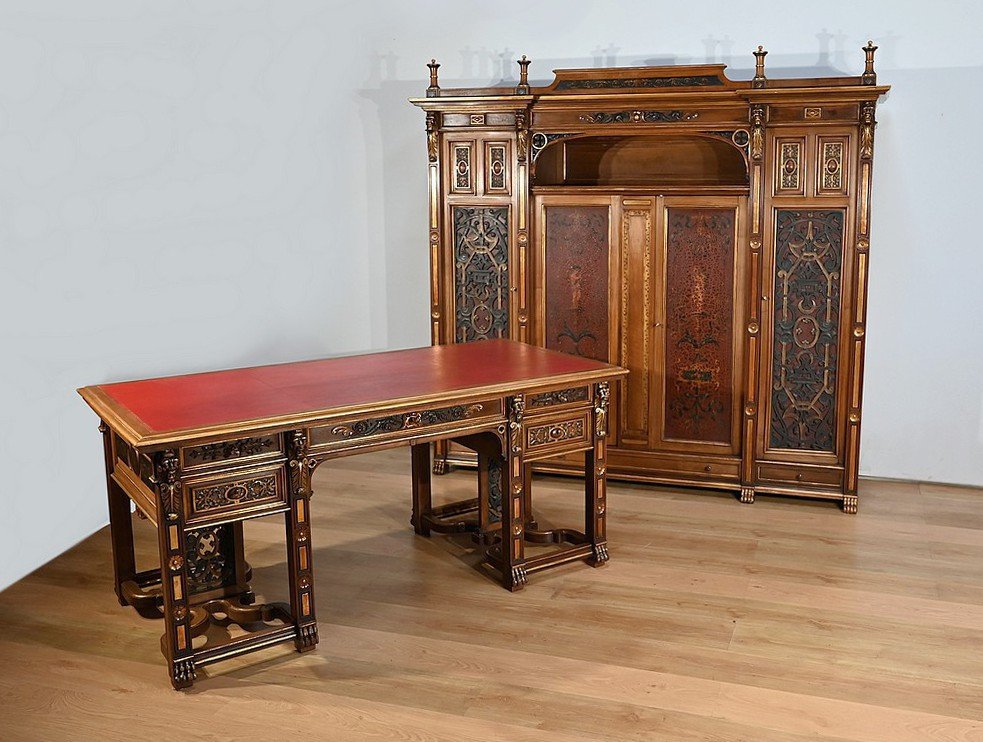 Rares Cabinet De Travail Et Bureau En Noyer, Renaissance Italienne - 1900