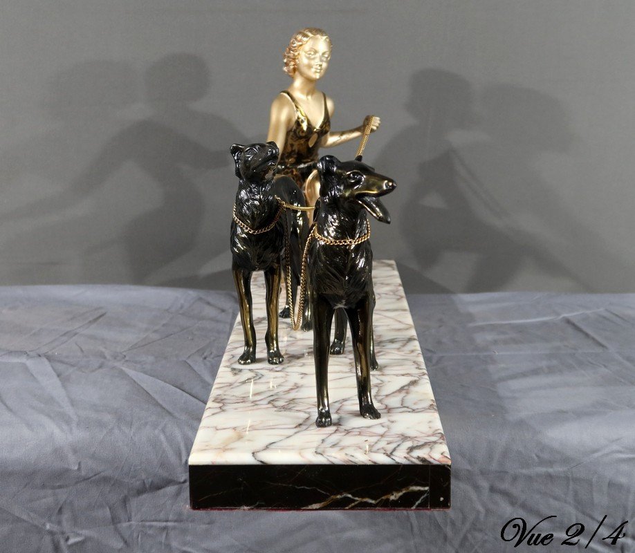 Woman With Greyhounds In Patinated Metal, Art Deco - 1930-photo-6