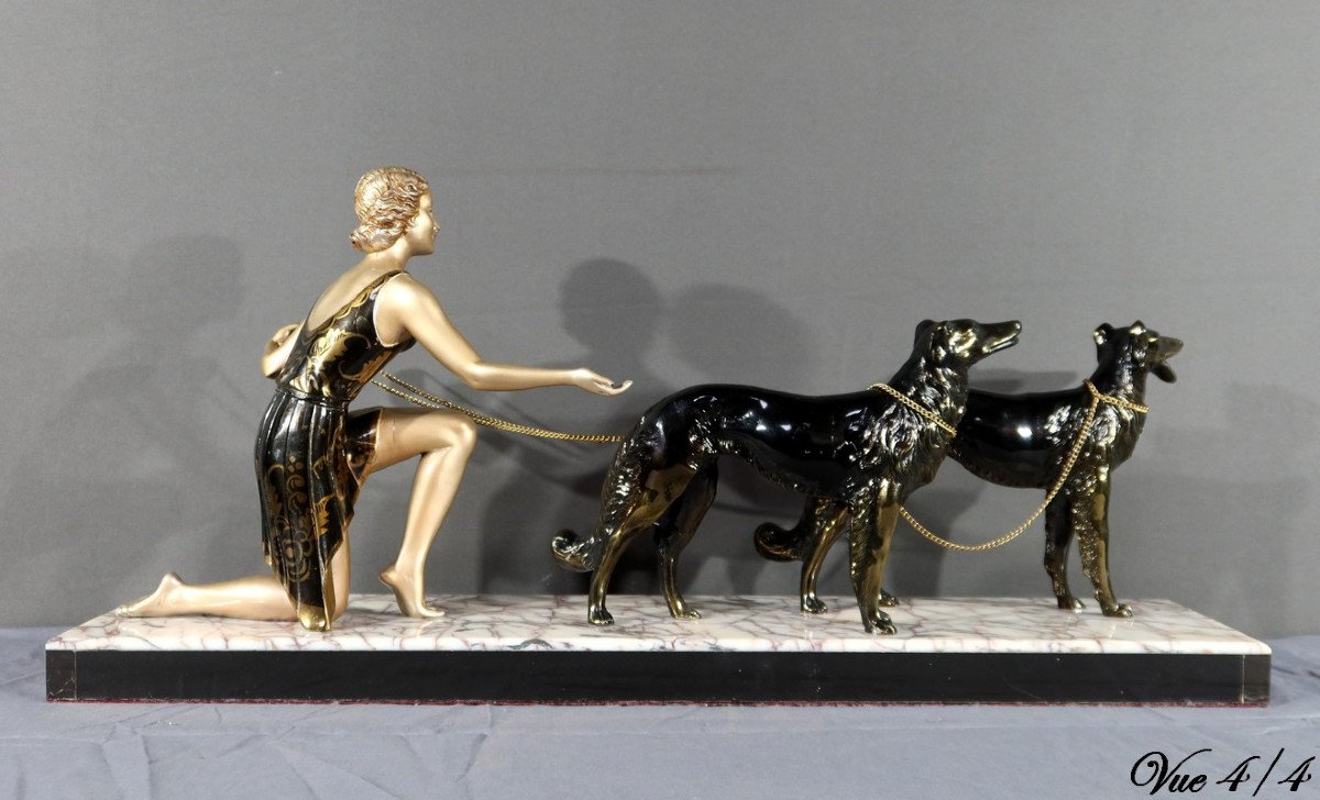 Woman With Greyhounds In Patinated Metal, Art Deco - 1930-photo-8