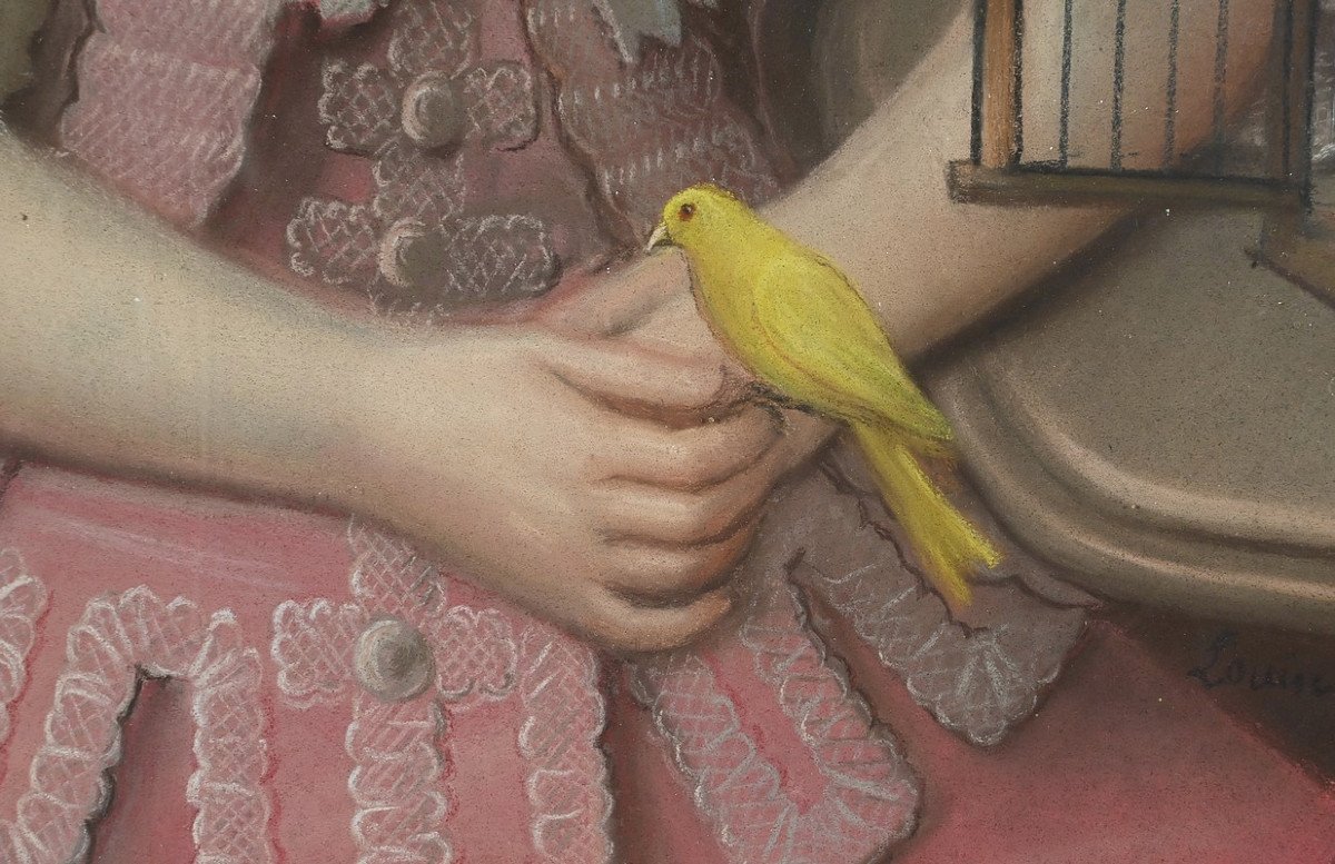 Important Pastel “the Girl With The Canary”, French School Of The 19th Century-photo-1