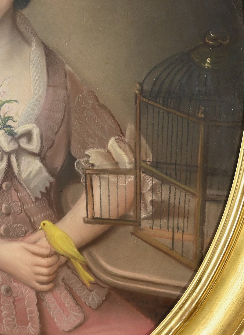 Important Pastel “the Girl With The Canary”, French School Of The 19th Century-photo-2