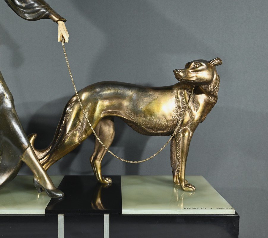 Important Chryselephantine Sculpture, "on A Walk", Signed Menneville And Rochard - 1930-photo-3