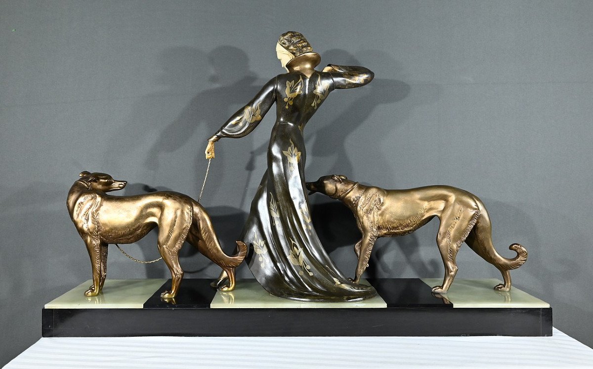 Important Chryselephantine Sculpture, "on A Walk", Signed Menneville And Rochard - 1930-photo-5