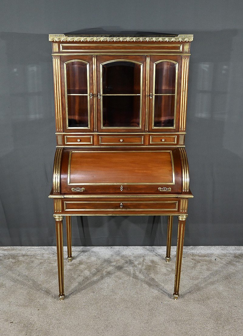 Rare Small Cylinder Desk And Display Cabinet, In Mahogany, Louis XVI Style – Mid 19th Century-photo-2