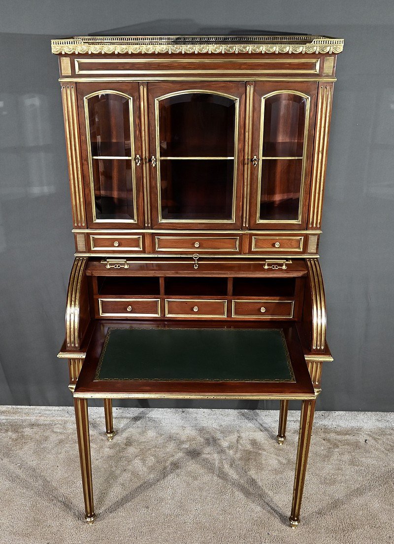 Rare Small Cylinder Desk And Display Cabinet, In Mahogany, Louis XVI Style – Mid 19th Century-photo-3