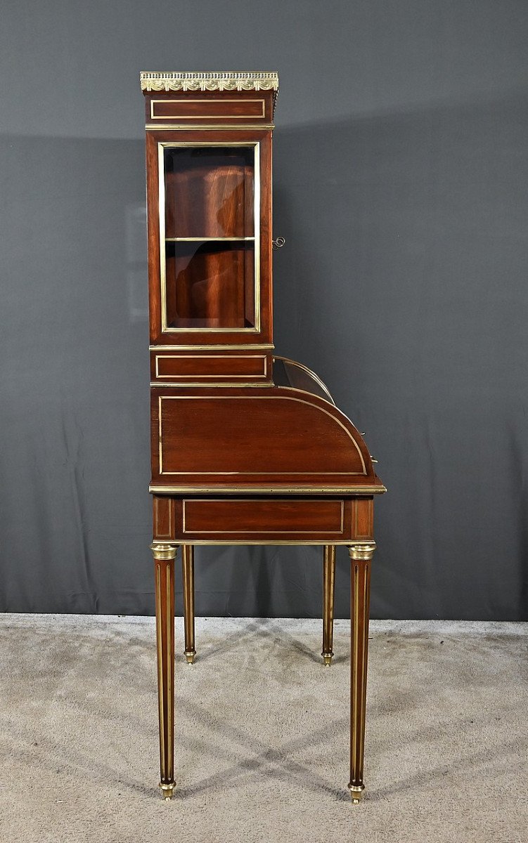 Rare Small Cylinder Desk And Display Cabinet, In Mahogany, Louis XVI Style – Mid 19th Century-photo-3