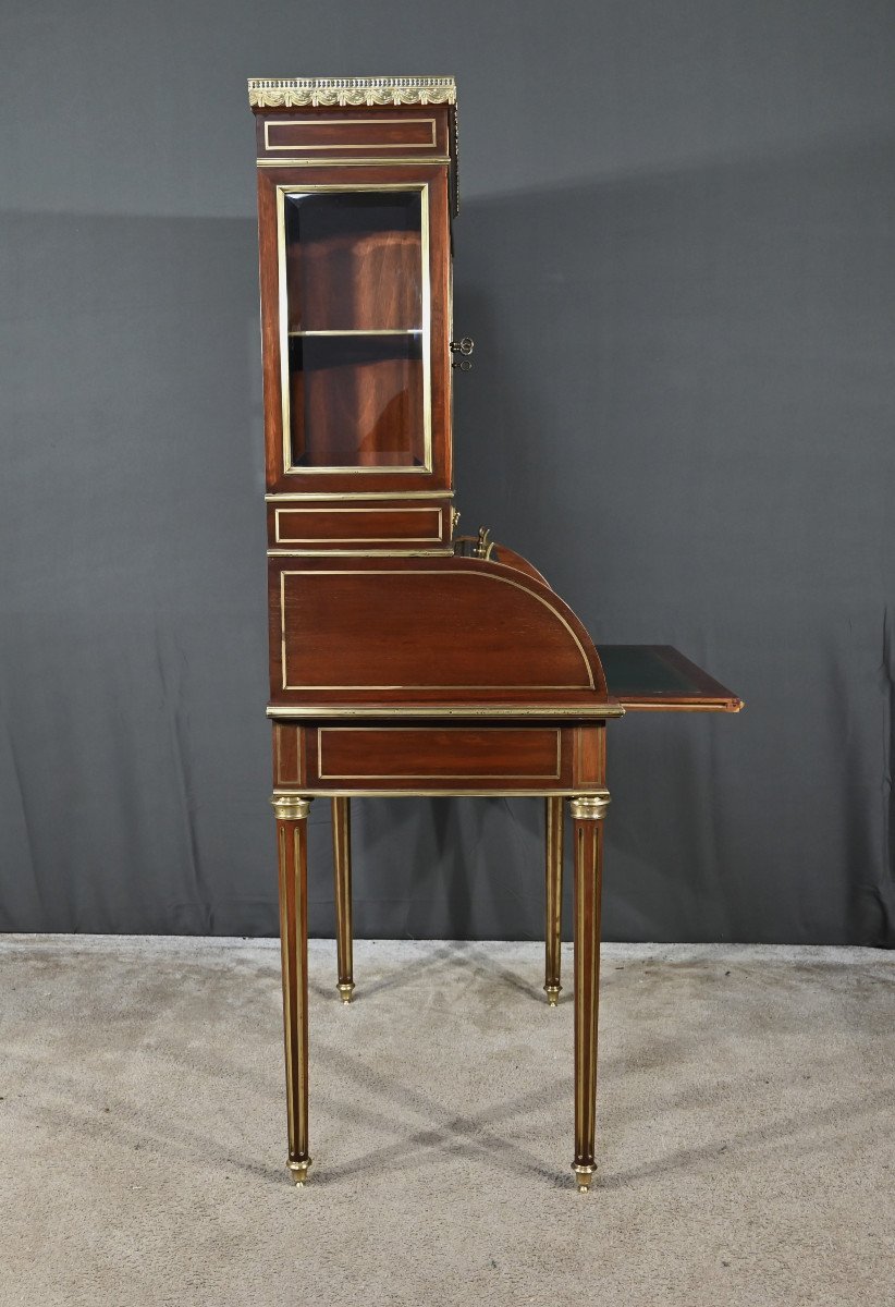 Rare Small Cylinder Desk And Display Cabinet, In Mahogany, Louis XVI Style – Mid 19th Century-photo-4