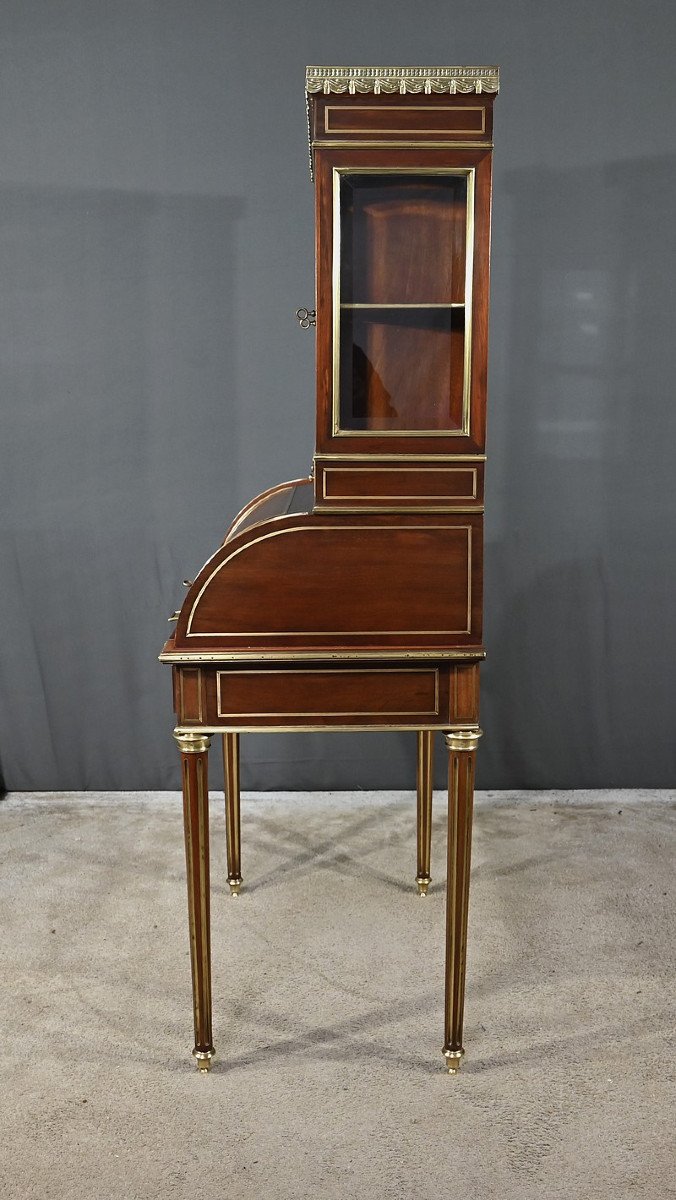 Rare Small Cylinder Desk And Display Cabinet, In Mahogany, Louis XVI Style – Mid 19th Century-photo-5