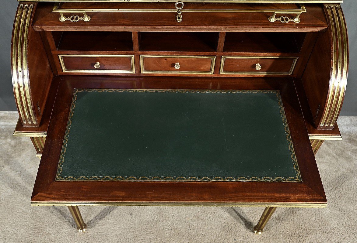 Rare Small Cylinder Desk And Display Cabinet, In Mahogany, Louis XVI Style – Mid 19th Century-photo-6