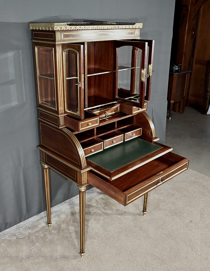 Rare Small Cylinder Desk And Display Cabinet, In Mahogany, Louis XVI Style – Mid 19th Century-photo-7