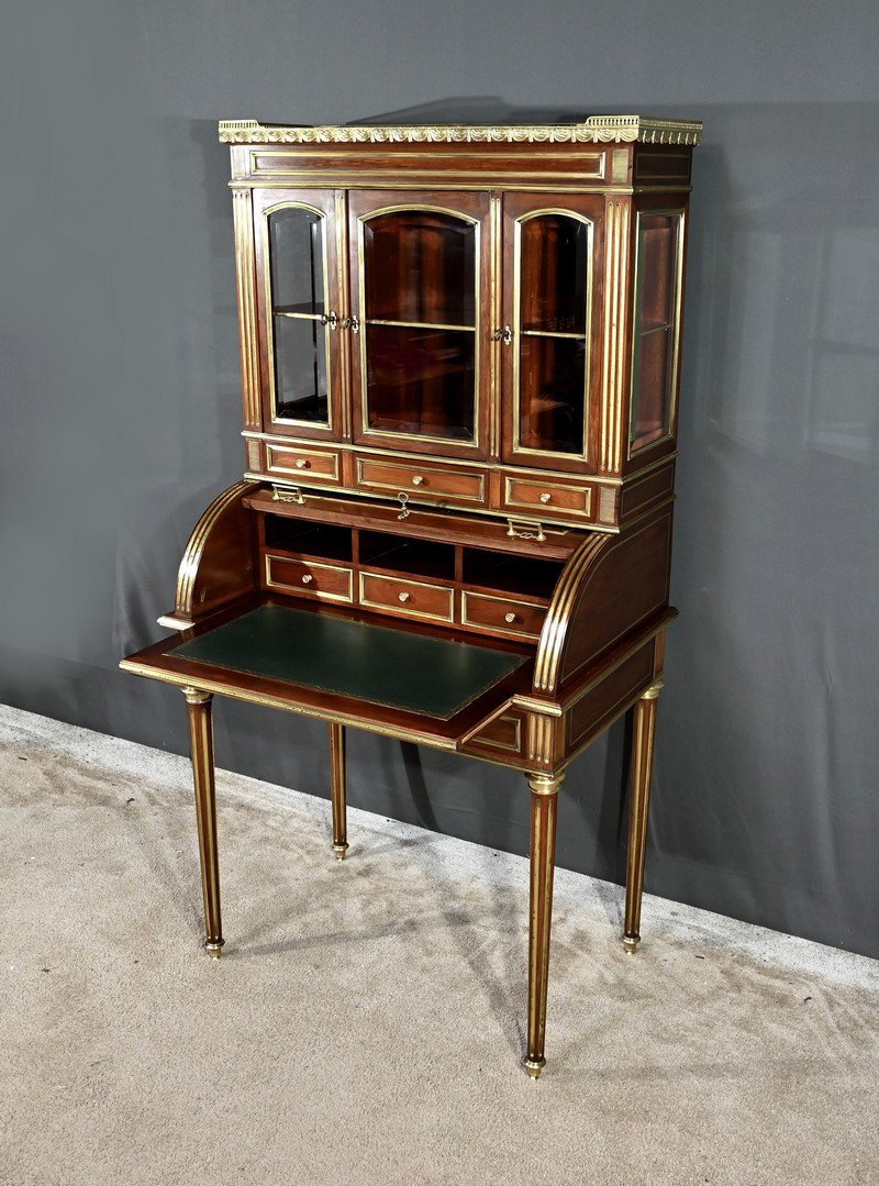 Rare Small Cylinder Desk And Display Cabinet, In Mahogany, Louis XVI Style – Mid 19th Century