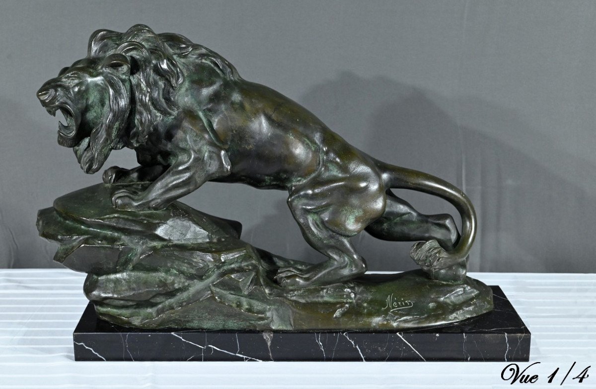 Bronze “roaring Lion”, Signed Nerin – Early 20th Century-photo-2